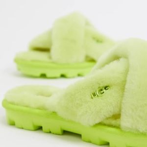 ugg fuzzette cross strap fluffy slippers in yellow